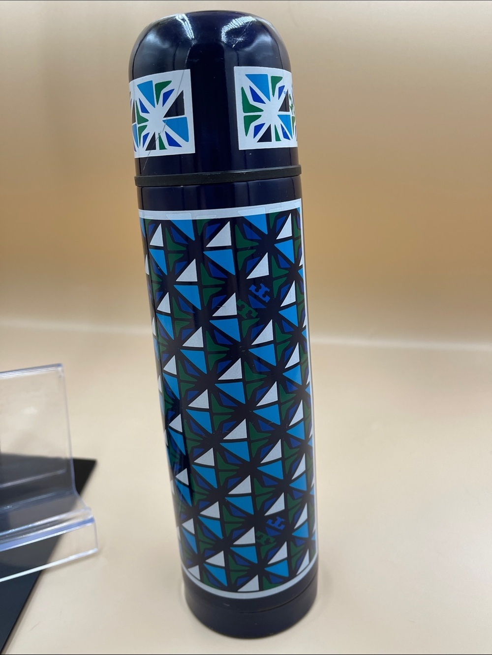 Tory Burch Patterned Stainless Steel Water Bottle Fun Blue and Green Geometric
